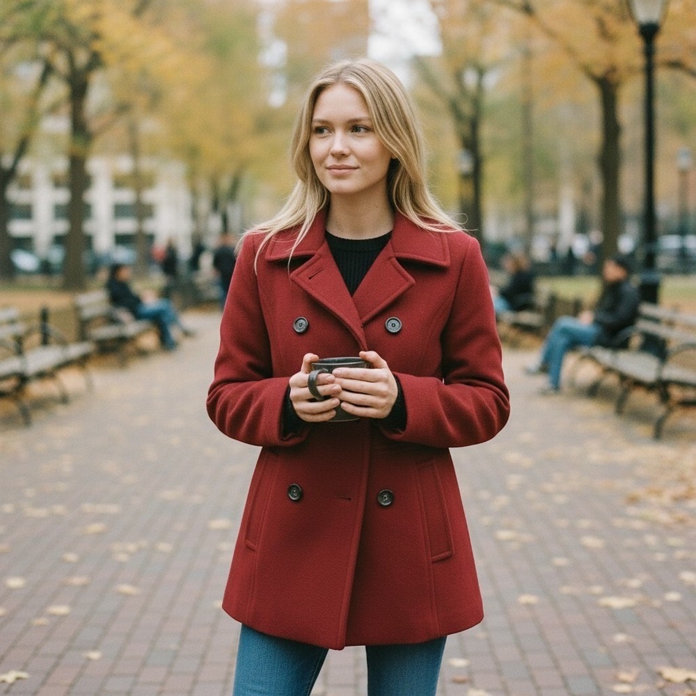 Calvin Klein Womens Double Breasted Spread Collar Wool Blend Pea Coat Red 10 M